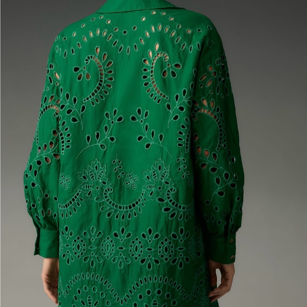 EUC By Anthropologie Green Eyelet Button Down Shirt Mini Dress - Picture 12 of 17